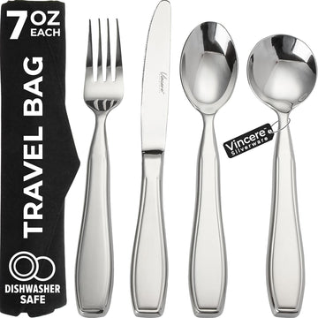 Weighted Utensils for Tremors and Parkinsons, Heavy Weight Stainless Steel Silverware Set, Adaptive Eating Flatware Helps Hand Tremors, Parkinsons Aids for Living, Arthritis - Knife, Fork, Spoons, 7Oz