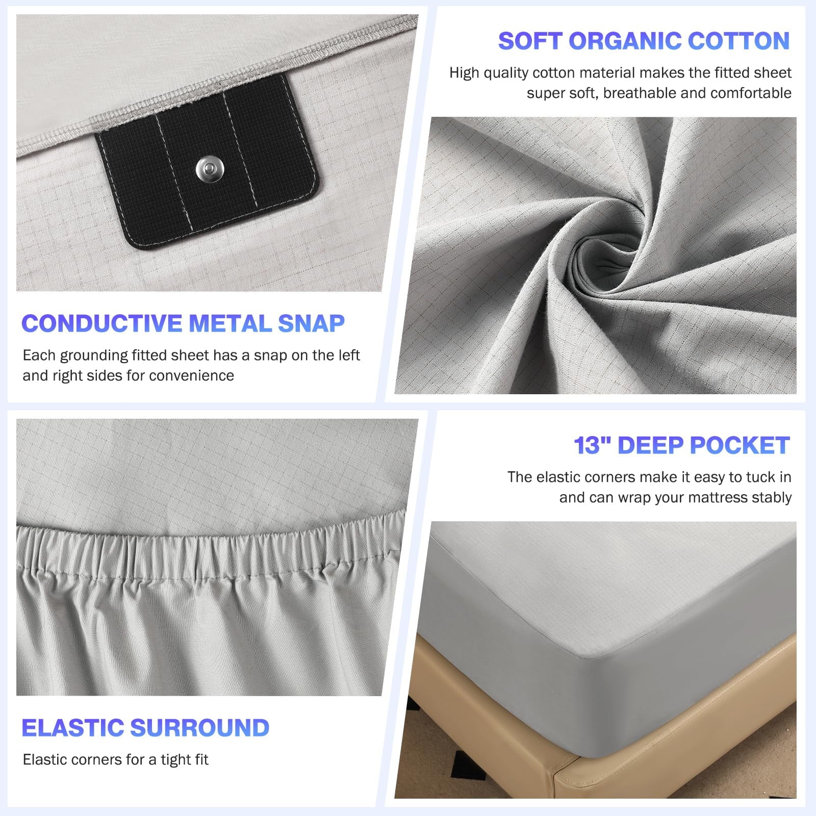 Grounding Sheets Queen Size, Earth Grounded Fitted Bed Sheet with 10% Pure Silver Fiber + 90% Organic Cotton, for Improved Sleep & Wellness (Gray, Queen - 80"X60"X15")