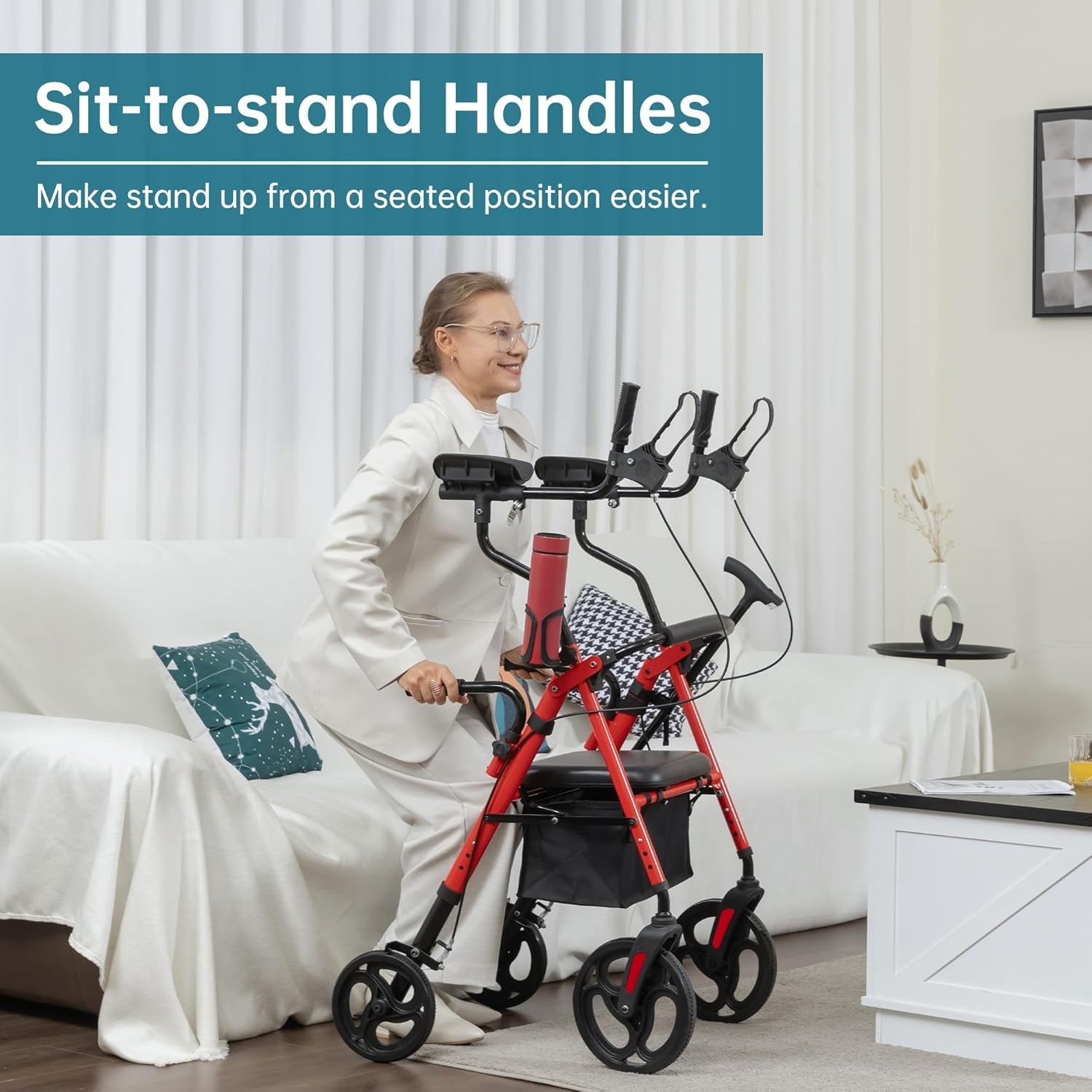 Upright Rollator Walker, Stand up Walkers for Seniors with Armrest, Front Pouch, 10”Wheels, Sponge Padded Seat and Backrest, Fully Adjustment Frame, Red