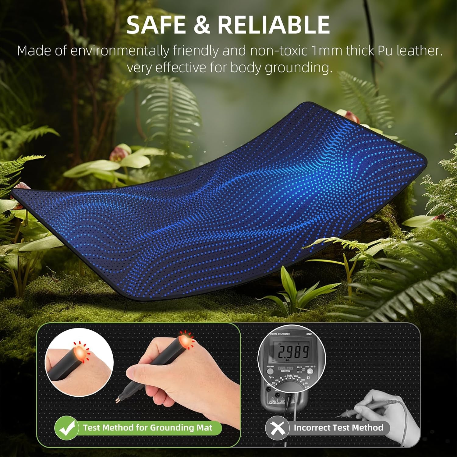 Grounding Mat for Bed, Anti-Slip PU Leather, Grounding Mat Improves Sleep, Relieves Stress, with Static Grounding Cord and Test Pen (Black, (39.1 * 27.5 Inch))