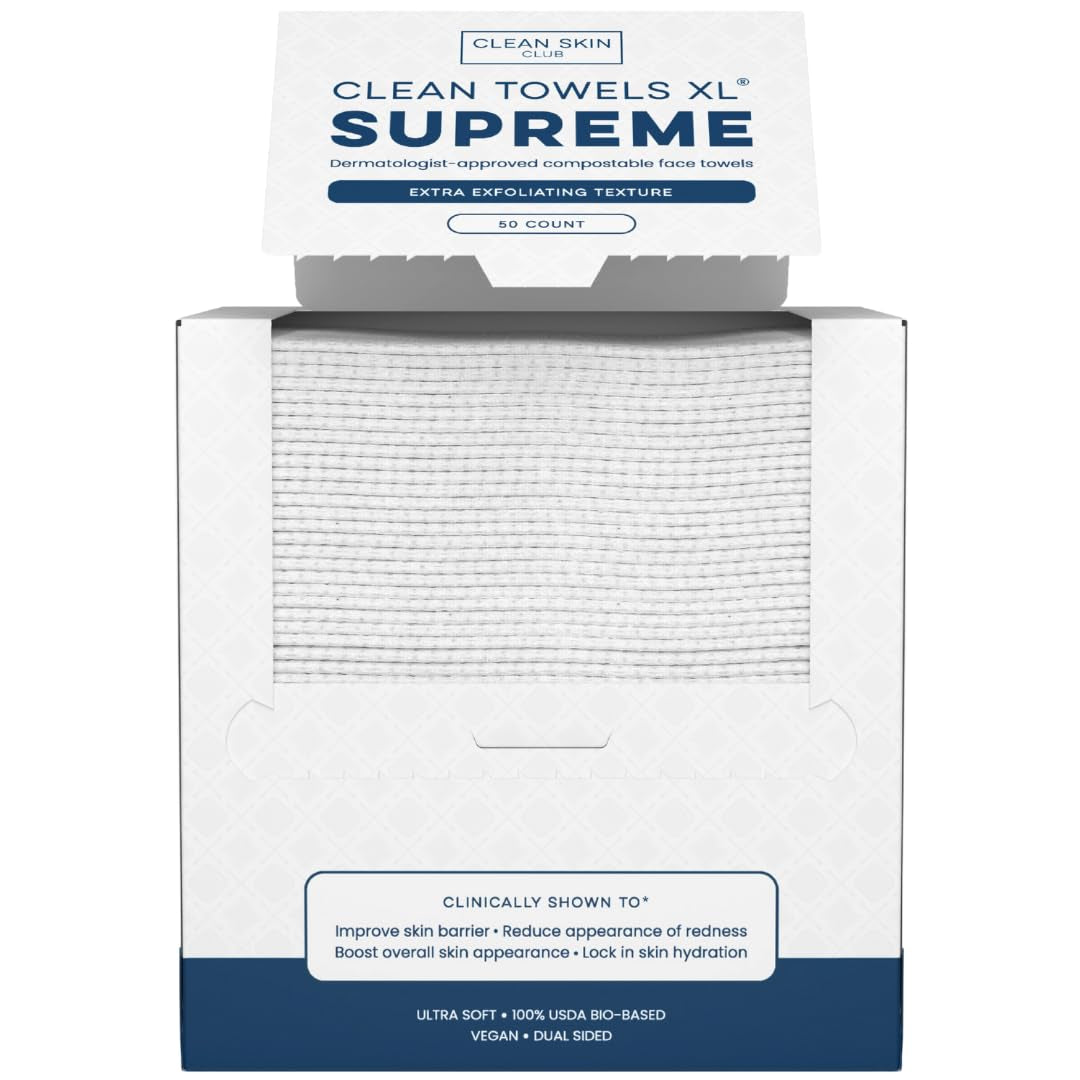 Clean Towels XL™ Supreme, 100% USDA Biobased Face Towel, Disposable Face Towelette, Eczema Association Accepted, Makeup Remover Dry Wipes, Ultra Soft, 50 Ct, 1 Pack
