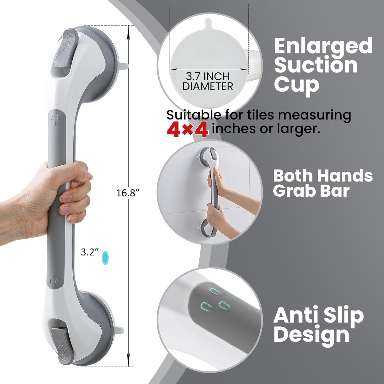 Grab Bars for Bathtubs and Showers 2 Pack Suction Grab Bar, Heavy Duty Shower Handle Removable Bath Handrails for Seniors and Elderly, Bathroom Safety Grip No Drilling Waterproof,Grey