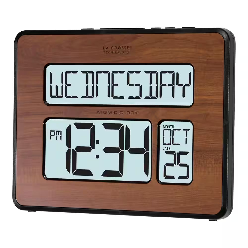 Backlight Atomic Full Calendar Digital Clock with Extra Large Digits in Walnut Finish