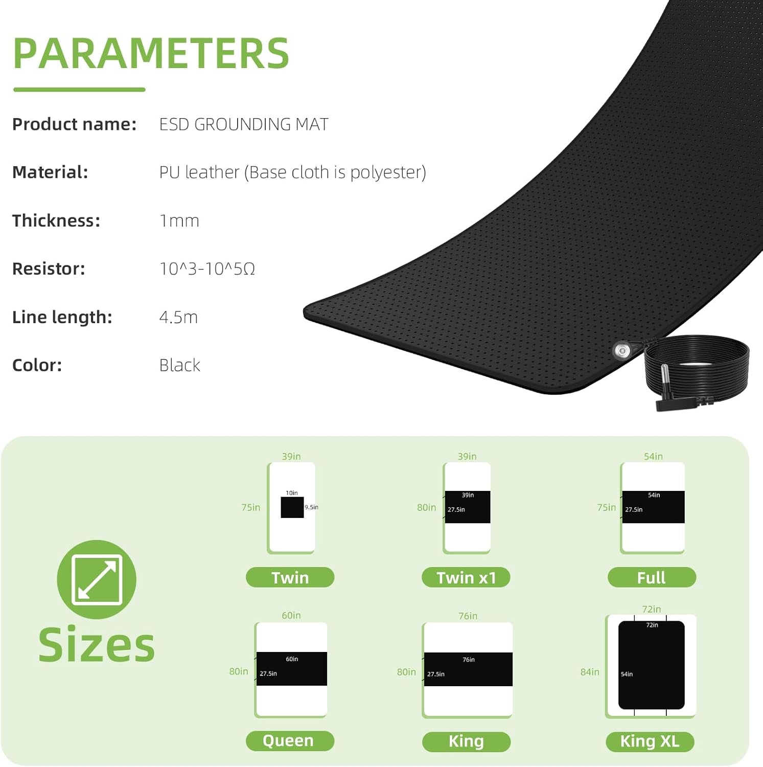 Grounding Mat for Bed, Anti-Slip PU Leather, Grounding Mat Improves Sleep, Relieves Stress, with Static Grounding Cord and Test Pen (Black, (39.1 * 27.5 Inch))