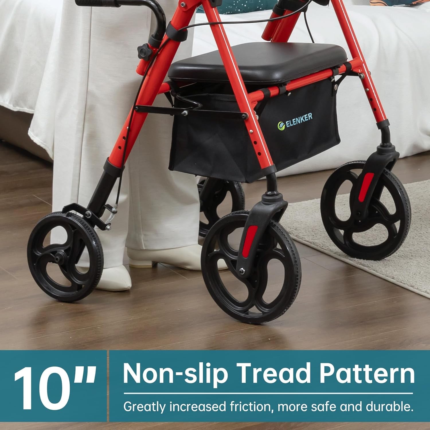 Upright Rollator Walker, Stand up Walkers for Seniors with Armrest, Front Pouch, 10”Wheels, Sponge Padded Seat and Backrest, Fully Adjustment Frame, Red