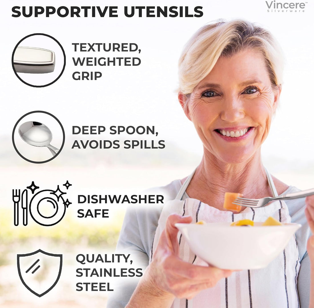 Weighted Utensils for Tremors and Parkinsons, Heavy Weight Stainless Steel Silverware Set, Adaptive Eating Flatware Helps Hand Tremors, Parkinsons Aids for Living, Arthritis - Knife, Fork, Spoons, 7Oz