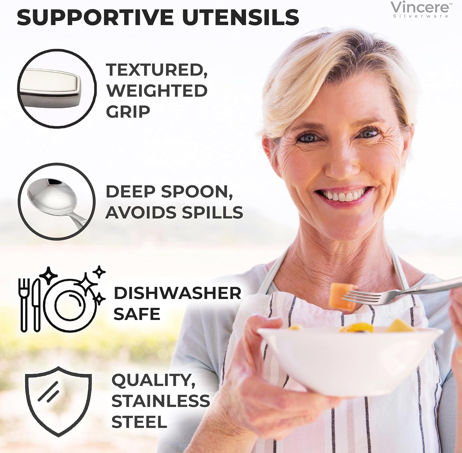 Weighted Utensils for Tremors and Parkinsons, Heavy Weight Stainless Steel Silverware Set, Adaptive Eating Flatware Helps Hand Tremors, Parkinsons Aids for Living, Arthritis - Knife, Fork, Spoons, 7Oz