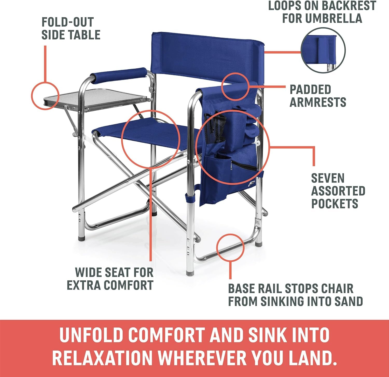 Sports Chair with Side Table, Outdoor Foldable Padded Adult Camping Chairs with Cup and Accessory Panel for Lawn, Beach, & Sports Use for Adults, up to 300-Lbs Capacity, (Purple)