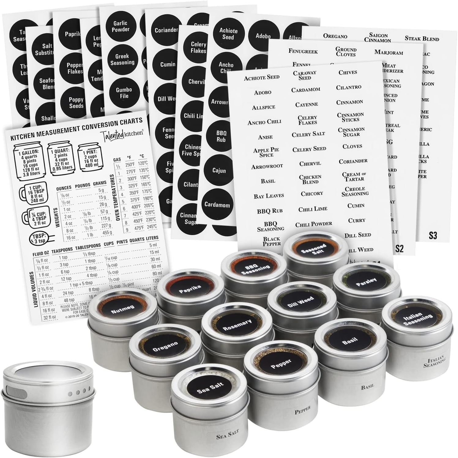 Silver Magnetic Spice Jars for Refrigerator (3 Oz) - Stainless Steel 12 Spice Containers with Sift & Pour Lids (269 Preprinted Labels and 2 Label Styles)