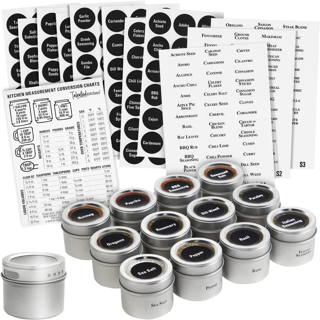 Silver Magnetic Spice Jars for Refrigerator (3 Oz) - Stainless Steel 12 Spice Containers with Sift & Pour Lids (269 Preprinted Labels and 2 Label Styles)
