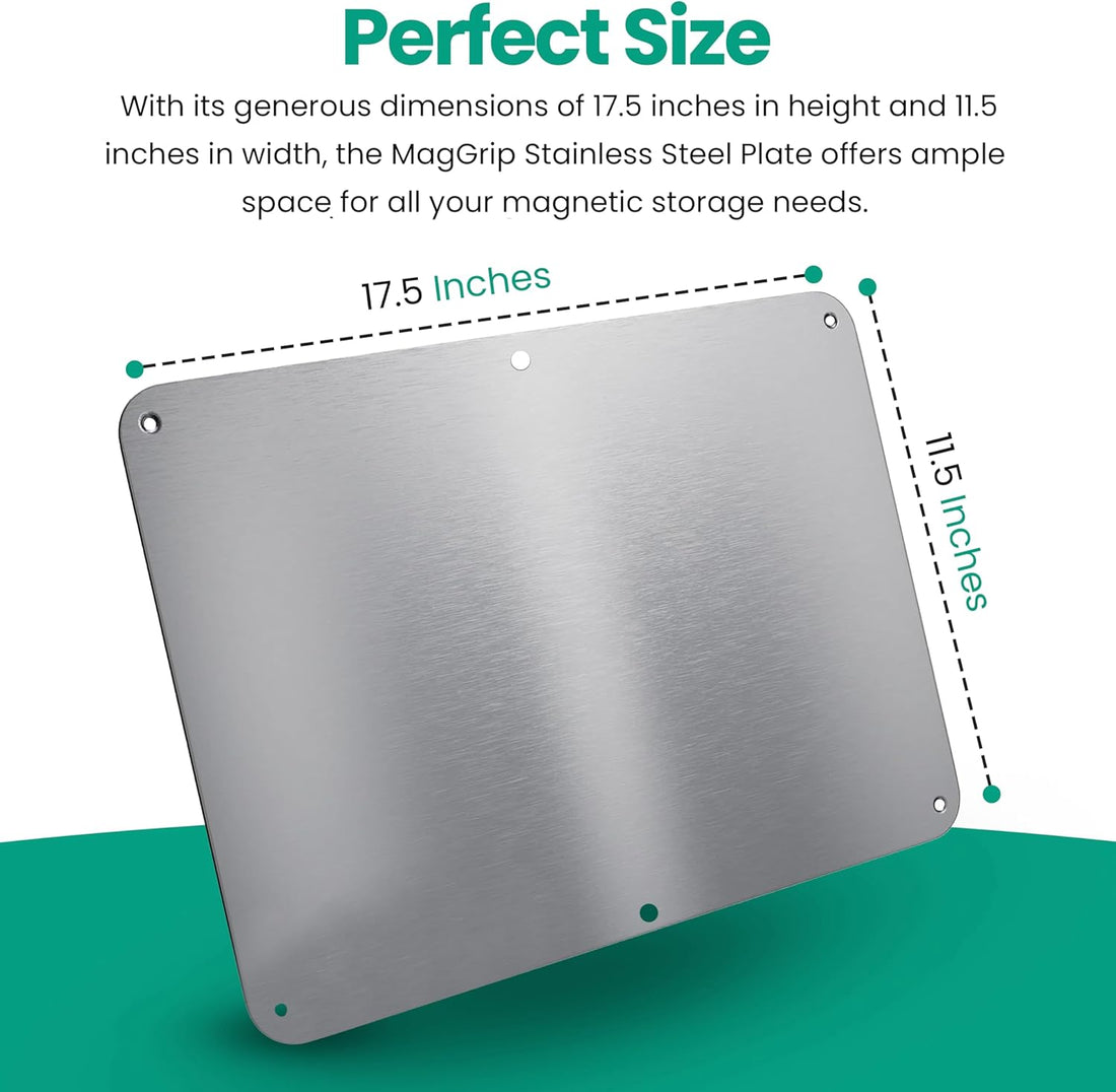 17.5Inchx11.5Inch Large Stainless Steel Plate for Magnets, 3M Adhesive Back, Mounting Screws, Ideal for Magnetic Shelf, Spice Holders, Fridge Magnets. Mount Anywhere! (Silver, 1 PACK)