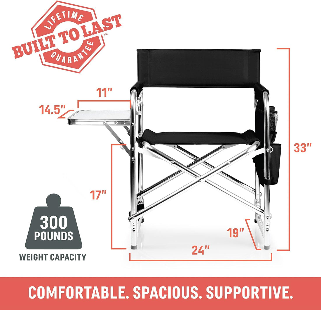 Sports Chair with Side Table, Outdoor Foldable Padded Adult Camping Chairs with Cup and Accessory Panel for Lawn, Beach, & Sports Use for Adults, up to 300-Lbs Capacity, (Purple)