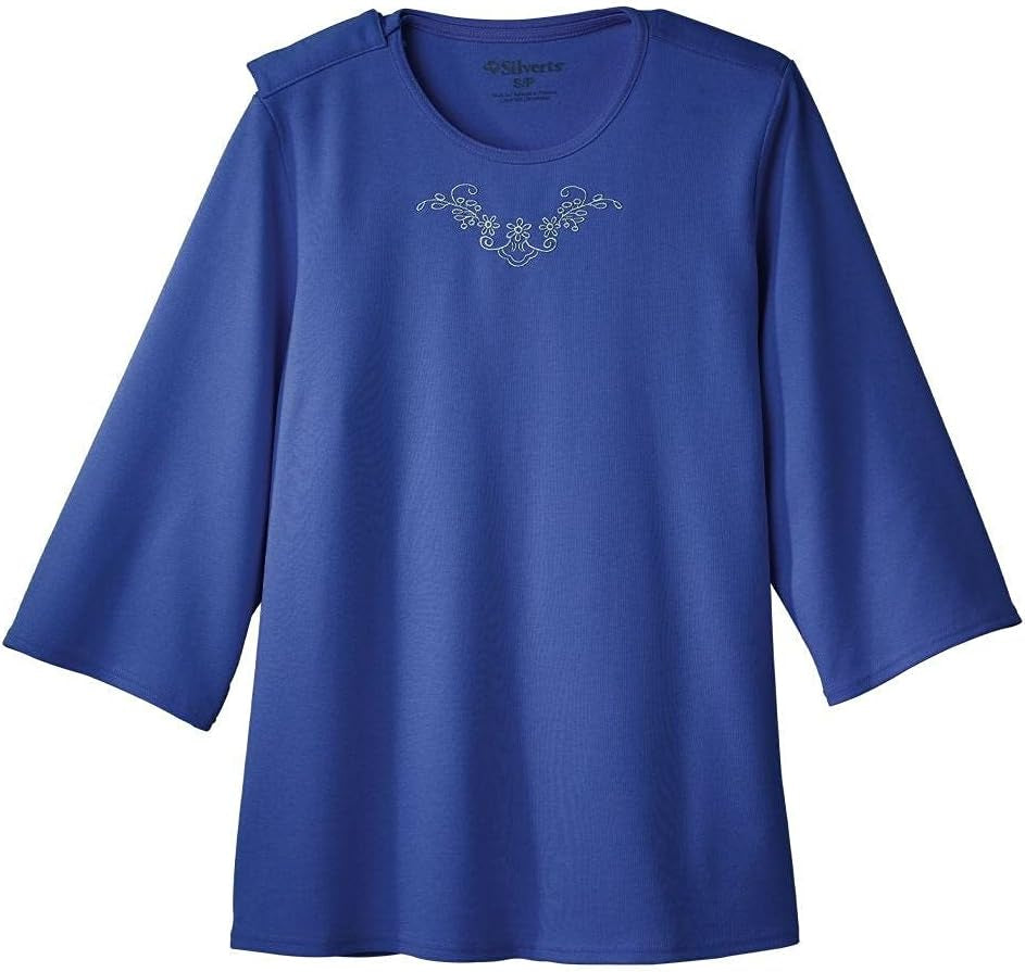 Women’S Open Back Adaptive Embroidered Neckline Design Top for Seniors - 3/4 Long Sleeve Scoop Shirt