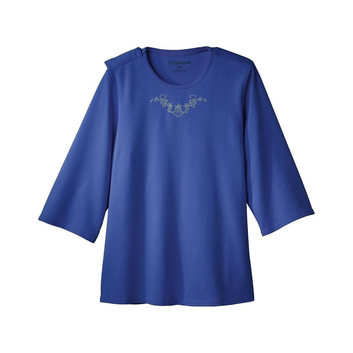 Women’S Open Back Adaptive Embroidered Neckline Design Top for Seniors - 3/4 Long Sleeve Scoop Shirt