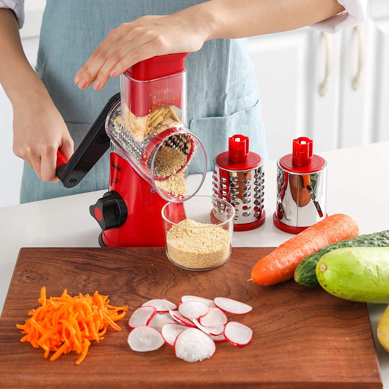 Rotary Cheese Grater, Kitchen Mandoline Vegetable Slicer with 3 Interchangeable Blades, Easy to Clean Grater for Fruit, Vegetables, Nuts