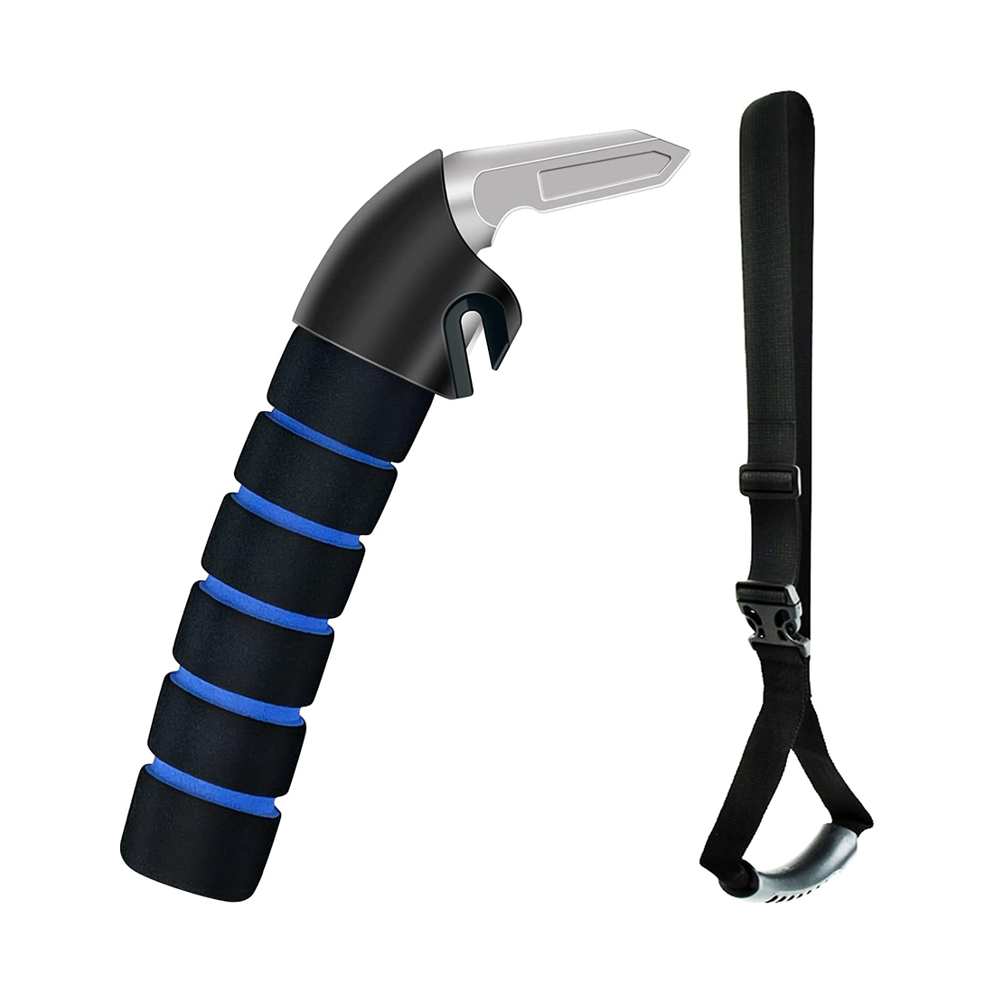 Black and blue fishing tool with a strap on a white background