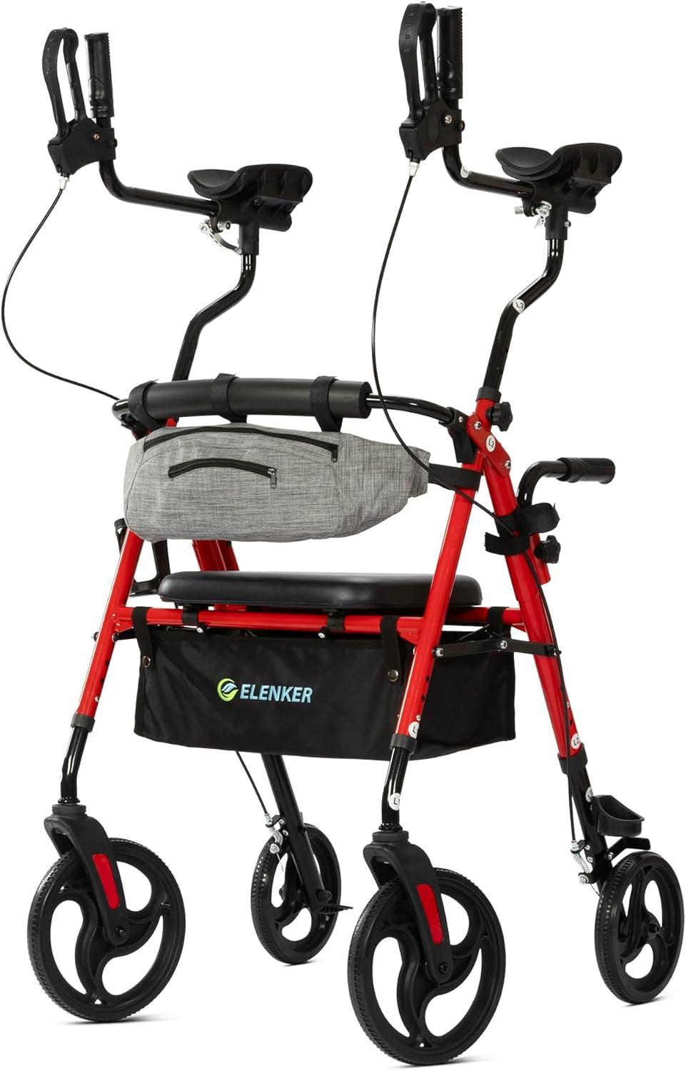 Upright Rollator Walker, Stand up Walkers for Seniors with Armrest, Front Pouch, 10”Wheels, Sponge Padded Seat and Backrest, Fully Adjustment Frame, Red
