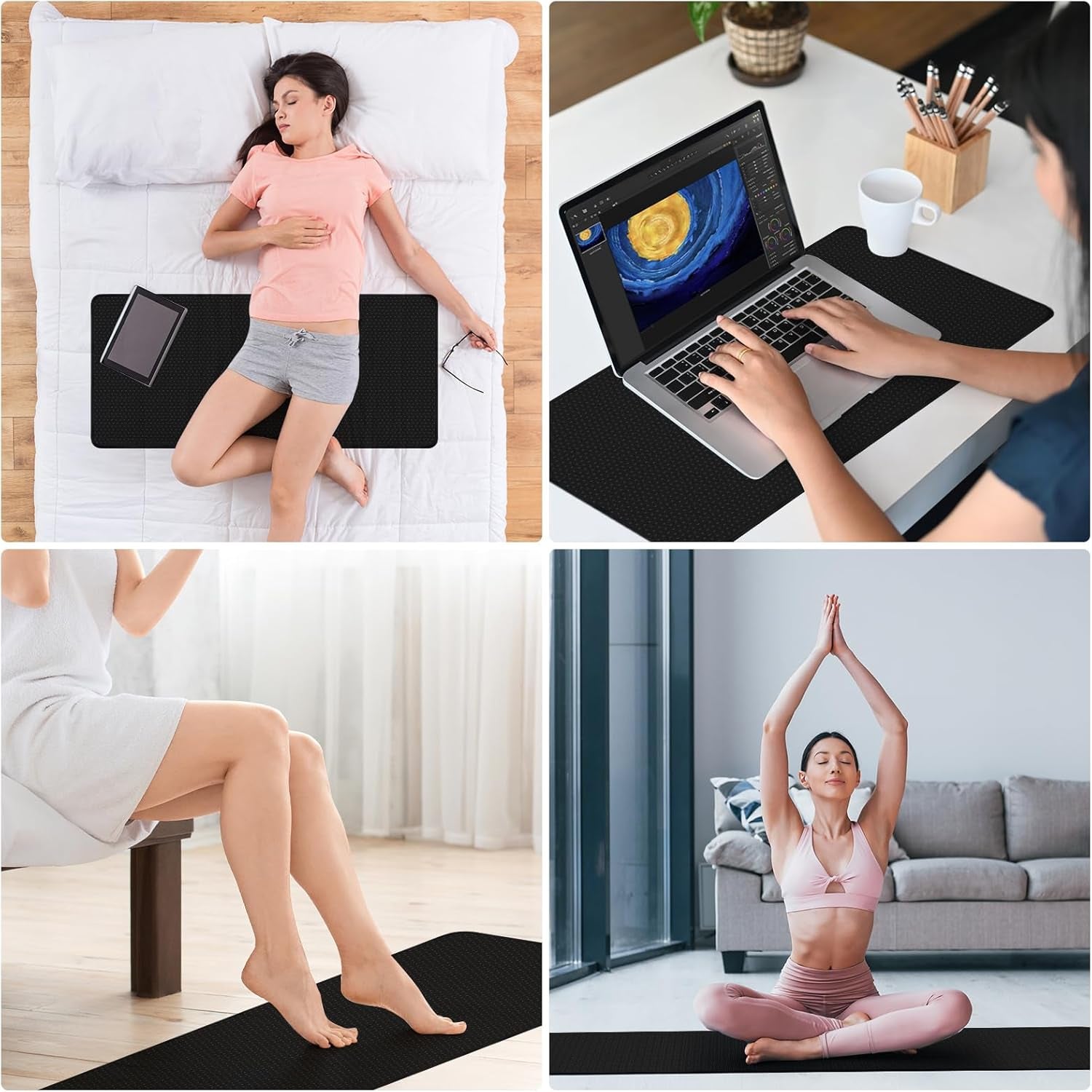 Grounding Mat for Bed, Anti-Slip PU Leather, Grounding Mat Improves Sleep, Relieves Stress, with Static Grounding Cord and Test Pen (Black, (39.1 * 27.5 Inch))