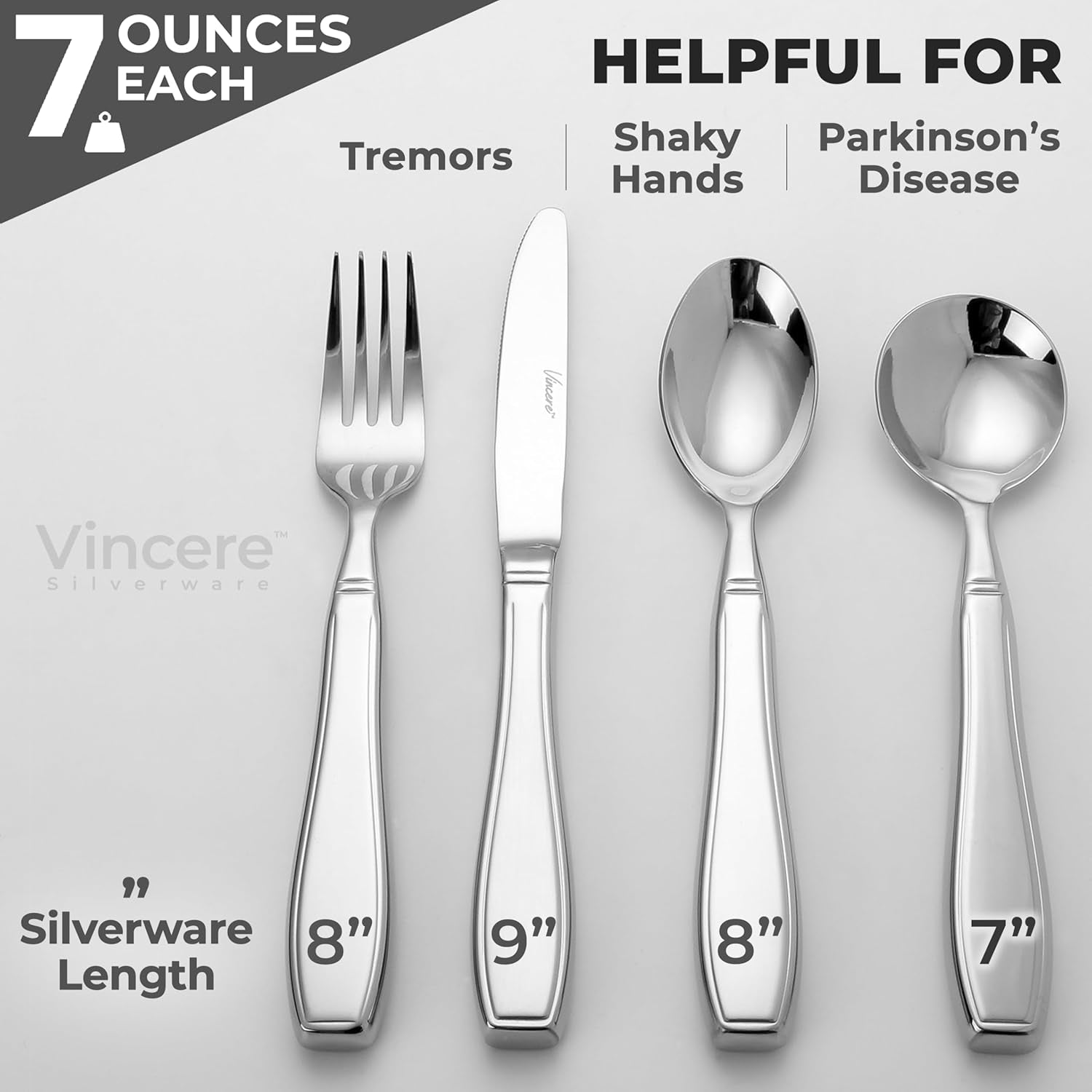 Weighted Utensils for Tremors and Parkinsons, Heavy Weight Stainless Steel Silverware Set, Adaptive Eating Flatware Helps Hand Tremors, Parkinsons Aids for Living, Arthritis - Knife, Fork, Spoons, 7Oz
