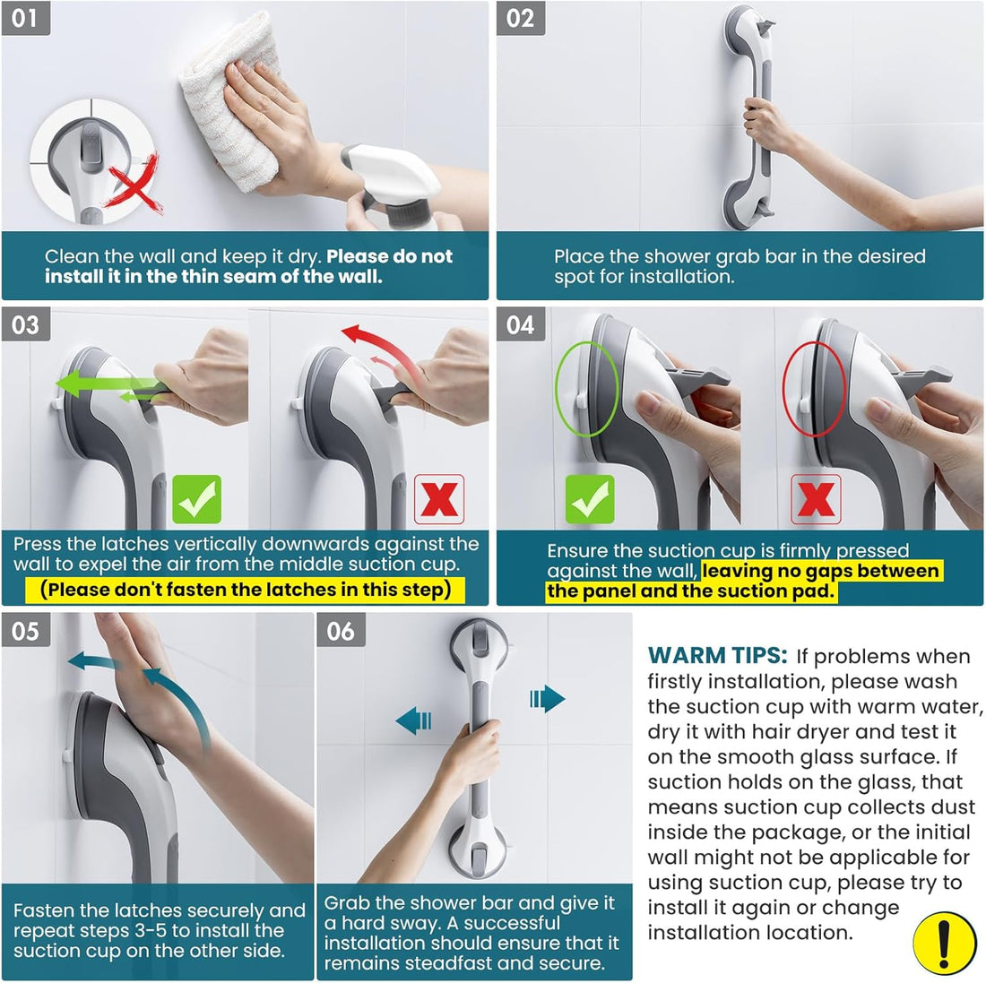 Grab Bars for Bathtubs and Showers 2 Pack Suction Grab Bar, Heavy Duty Shower Handle Removable Bath Handrails for Seniors and Elderly, Bathroom Safety Grip No Drilling Waterproof,Grey