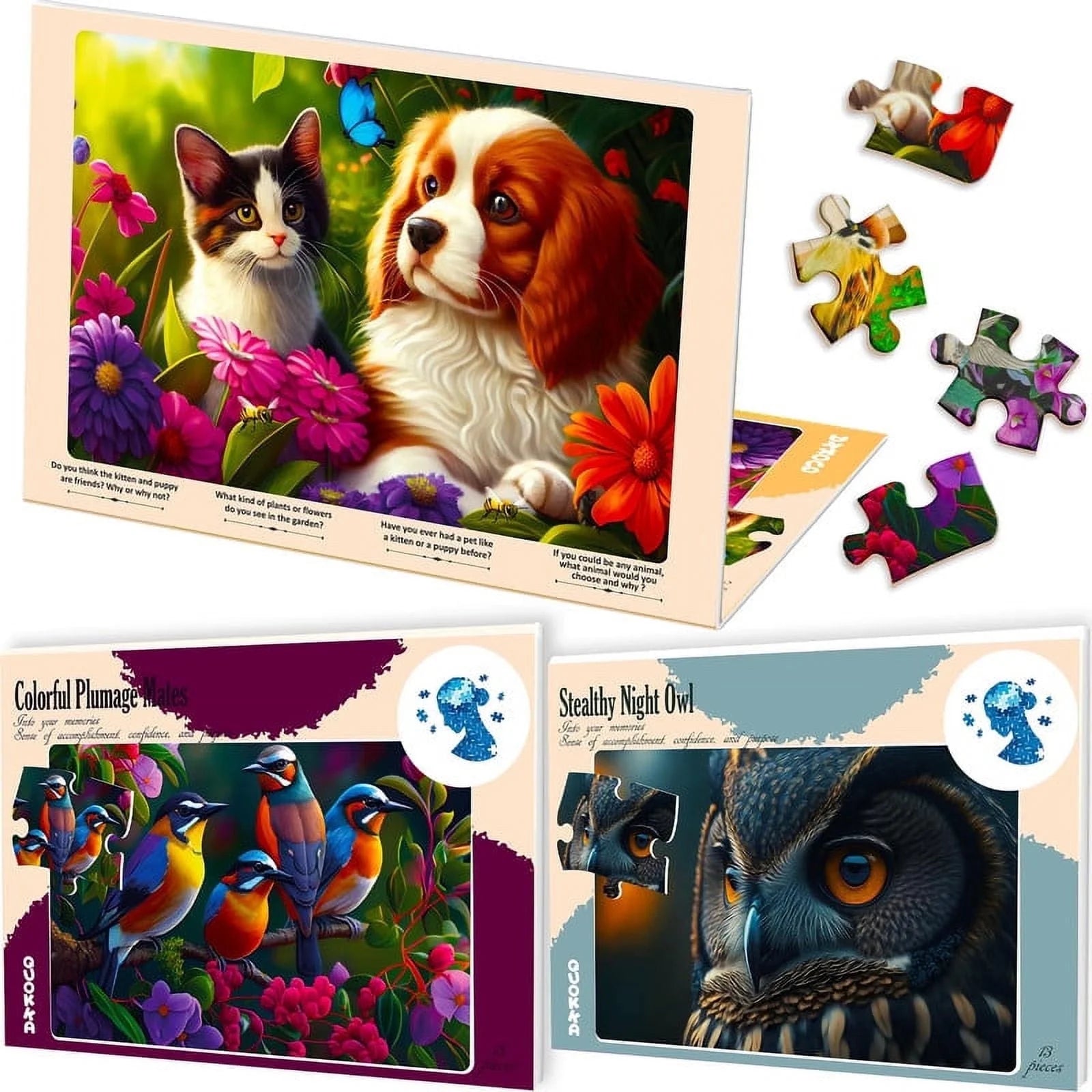 13 Large Piece Dementia Puzzles for Elderly - 3 Alzheimers Jigsaw Puzzle Cat, Dog, and Birds