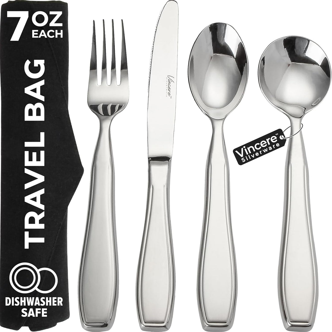 Weighted Utensils for Tremors and Parkinsons, Heavy Weight Stainless Steel Silverware Set, Adaptive Eating Flatware Helps Hand Tremors, Parkinsons Aids for Living, Arthritis - Knife, Fork, Spoons, 7Oz