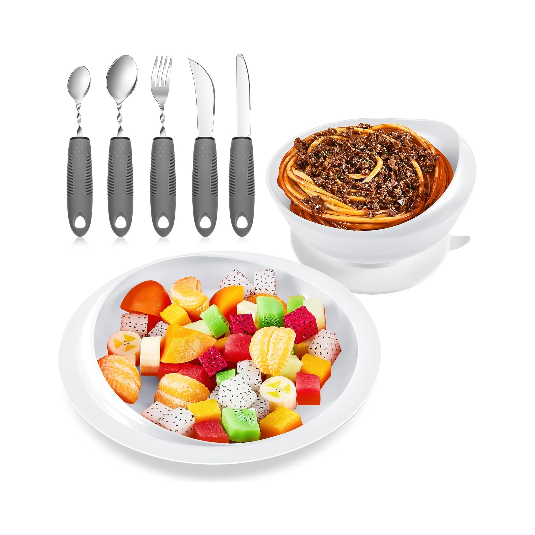 Adaptive Utensils, Bowl & Plate Set – Self-Feeding Dinnerware with Non-Slip Suction Base & Bendable Cutlery for Elderly, Arthritis & Parkinson’s
