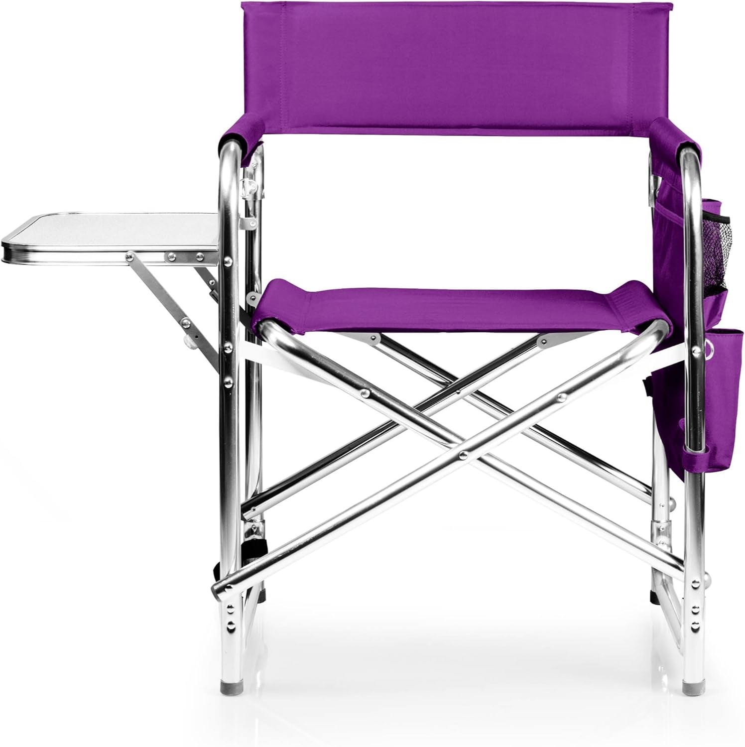 Sports Chair with Side Table, Outdoor Foldable Padded Adult Camping Chairs with Cup and Accessory Panel for Lawn, Beach, & Sports Use for Adults, up to 300-Lbs Capacity, (Purple)