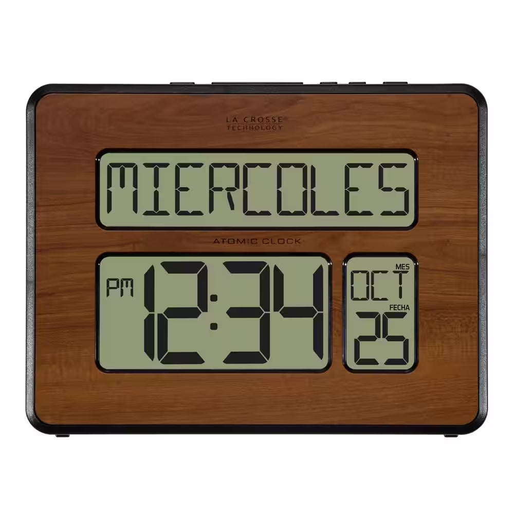 Backlight Atomic Full Calendar Digital Clock with Extra Large Digits in Walnut Finish