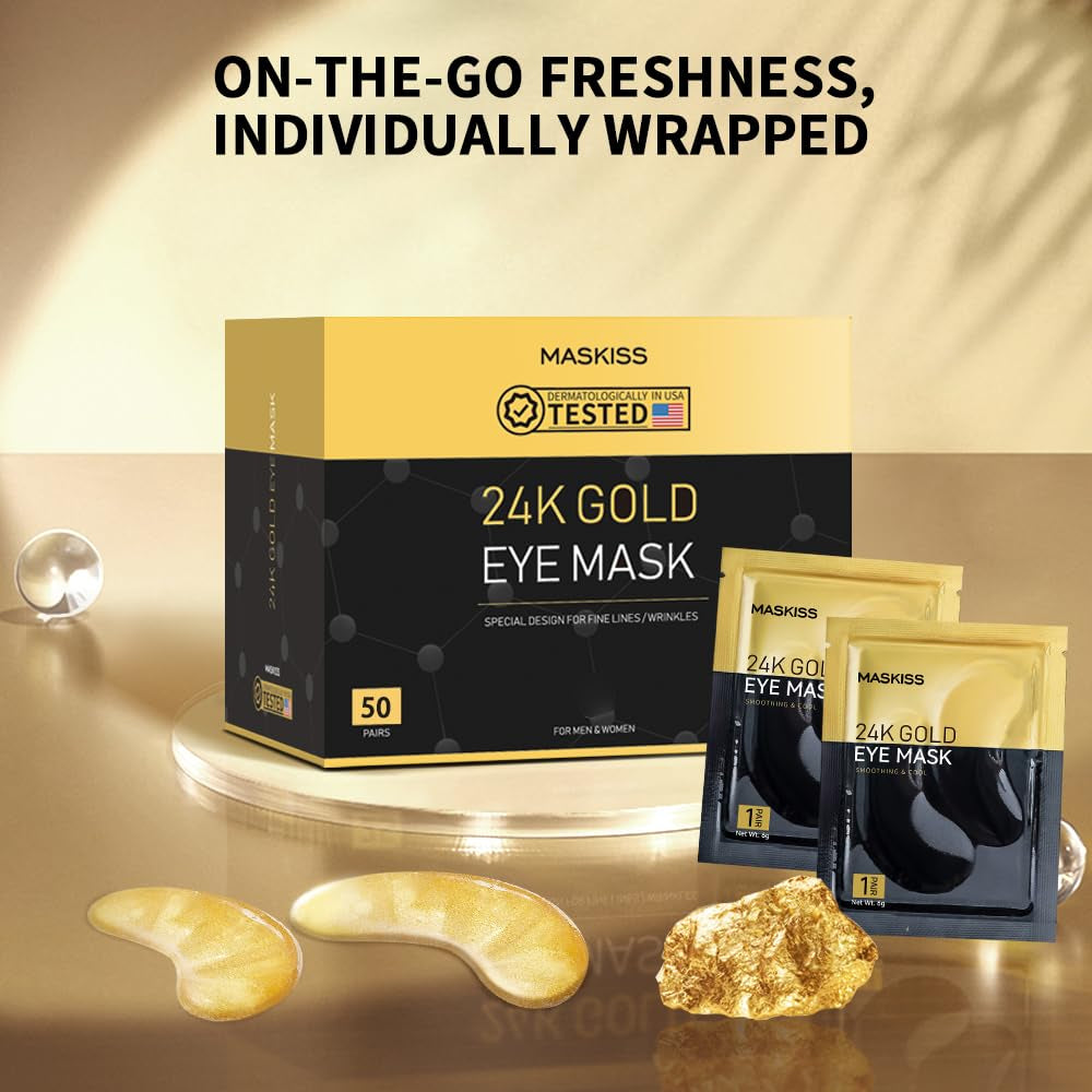 24K Gold under Eye Patches (50 Pairs), Eye Mask, Collagen Skin Care Products, Eye Patches for Puffy Eyes, Eye Masks for Dark Circles and Puffiness