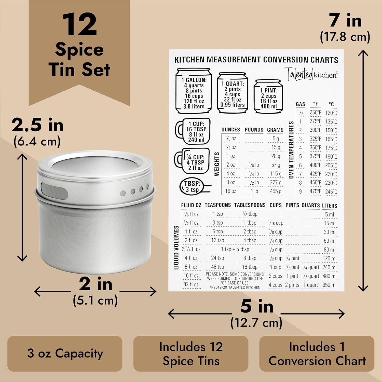 Silver Magnetic Spice Jars for Refrigerator (3 Oz) - Stainless Steel 12 Spice Containers with Sift & Pour Lids (269 Preprinted Labels and 2 Label Styles)