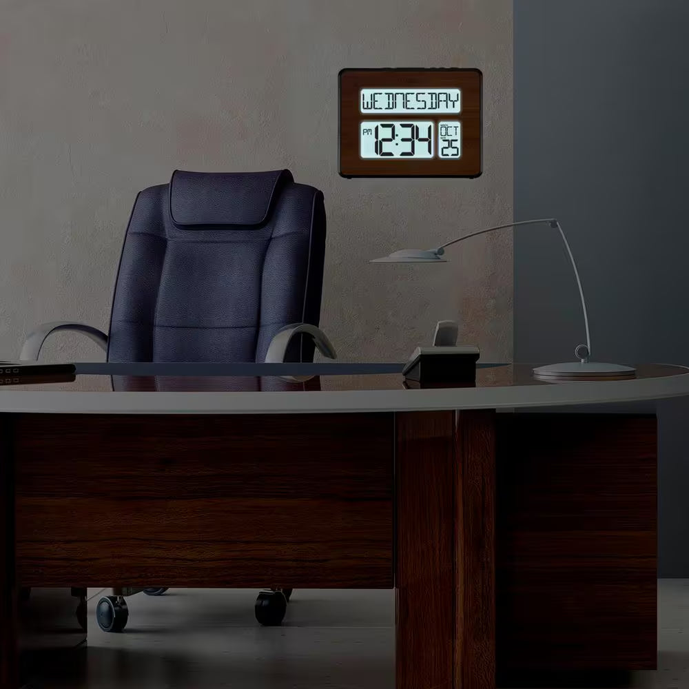 Backlight Atomic Full Calendar Digital Clock with Extra Large Digits in Walnut Finish