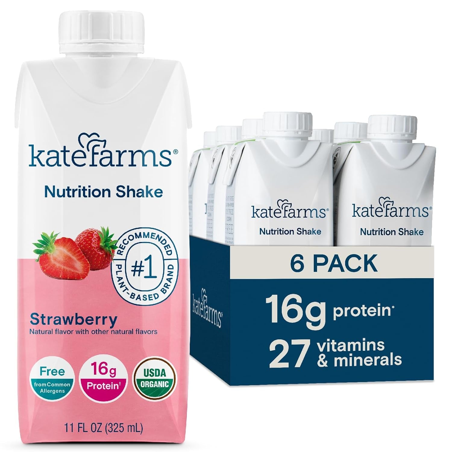 Organic Nutrition Shake, Strawberry, 16G of Protein, 27 Vitamins and Minerals, Meal Replacement, Protein Shake, 11 Fl Oz (6 Pack)