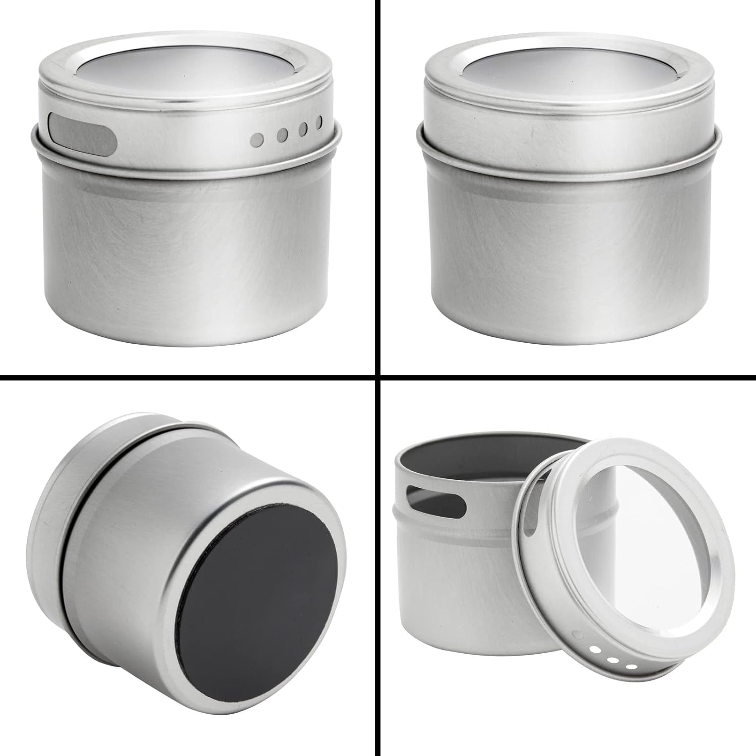 Silver Magnetic Spice Jars for Refrigerator (3 Oz) - Stainless Steel 12 Spice Containers with Sift & Pour Lids (269 Preprinted Labels and 2 Label Styles)