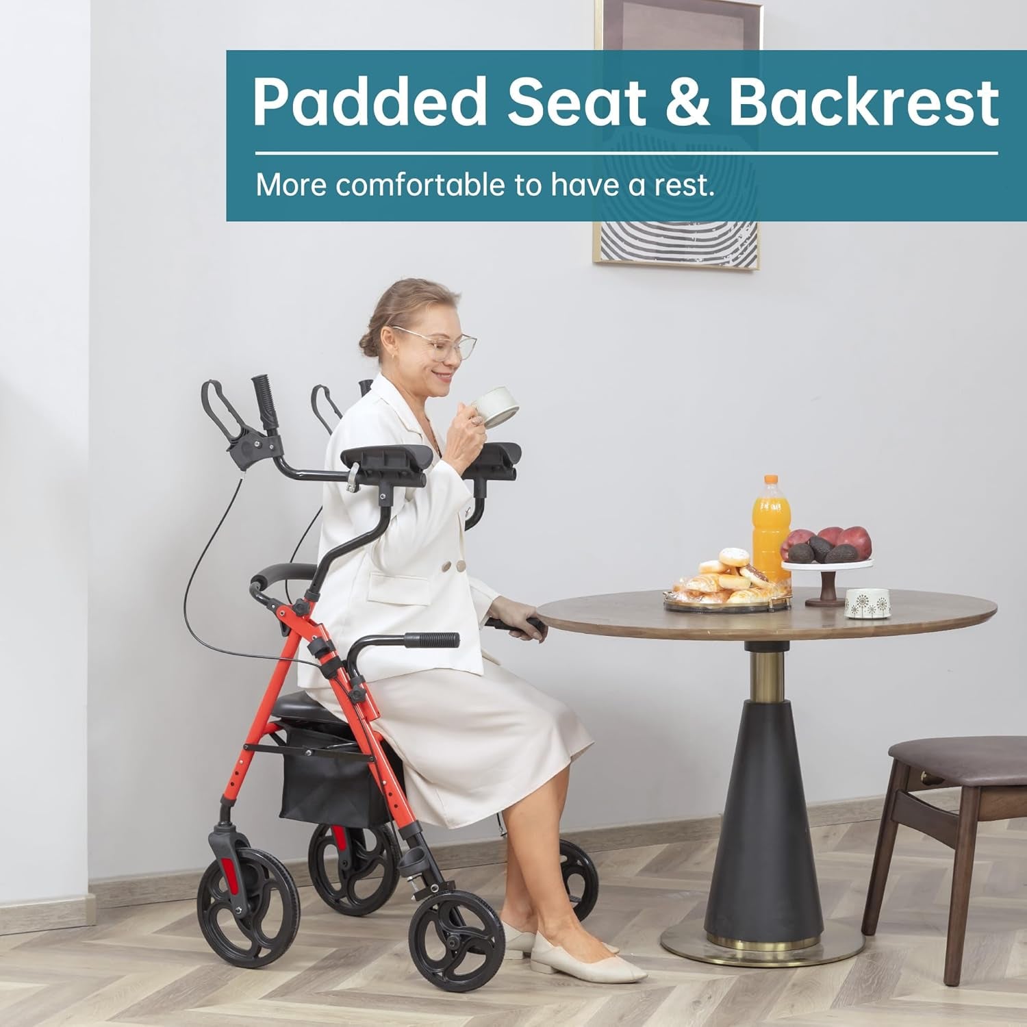 Upright Rollator Walker, Stand up Walkers for Seniors with Armrest, Front Pouch, 10”Wheels, Sponge Padded Seat and Backrest, Fully Adjustment Frame, Red