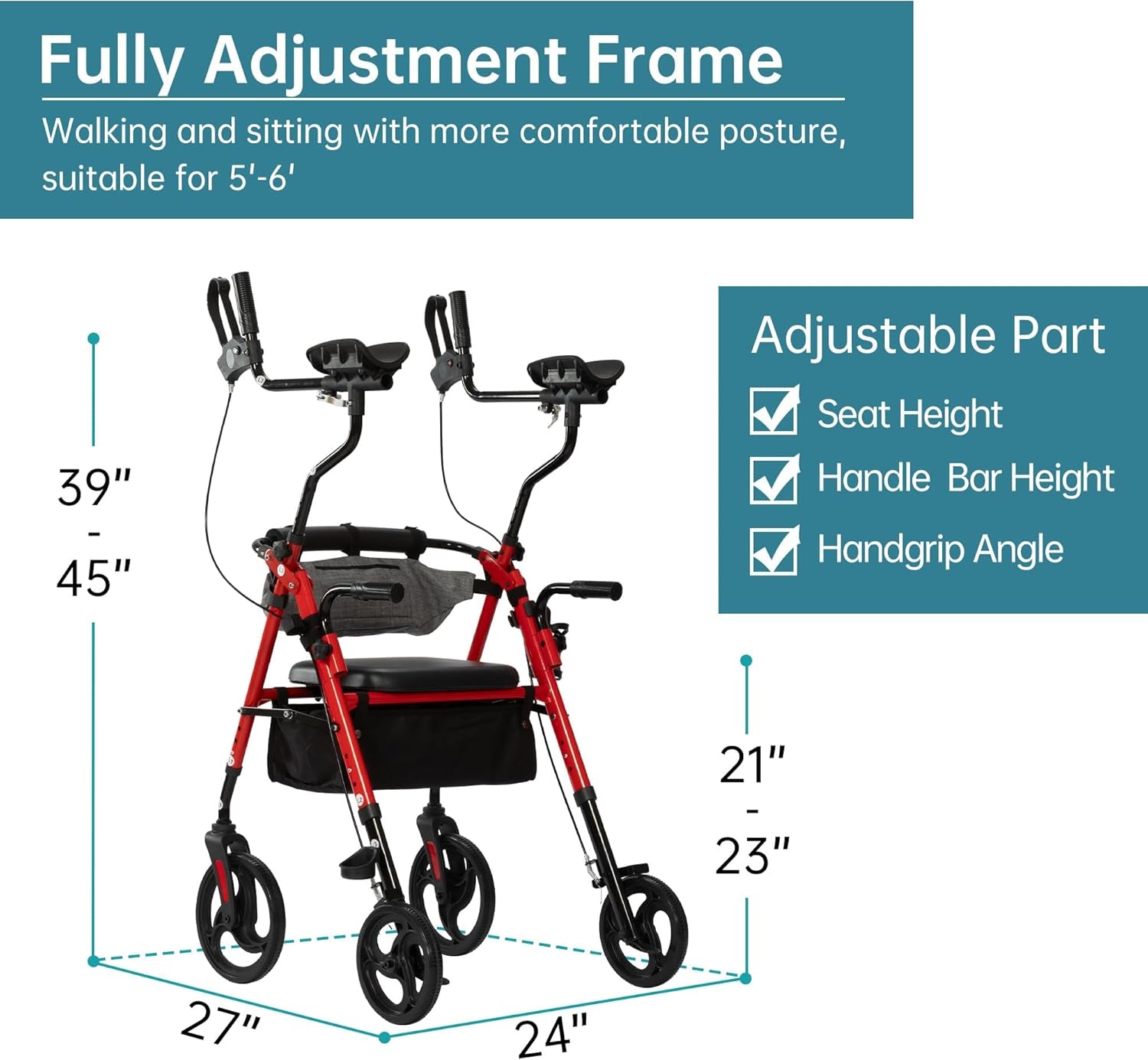 Upright Rollator Walker, Stand up Walkers for Seniors with Armrest, Front Pouch, 10”Wheels, Sponge Padded Seat and Backrest, Fully Adjustment Frame, Red