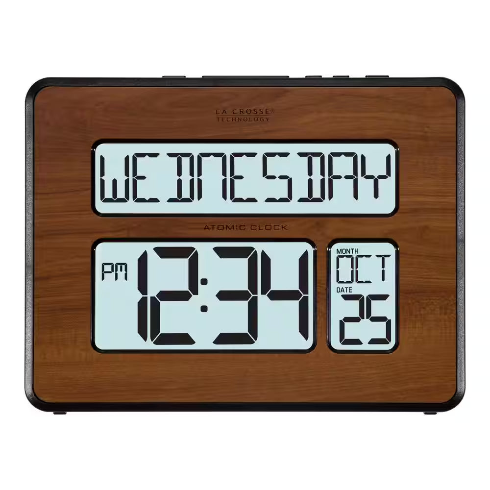 Backlight Atomic Full Calendar Digital Clock with Extra Large Digits in Walnut Finish