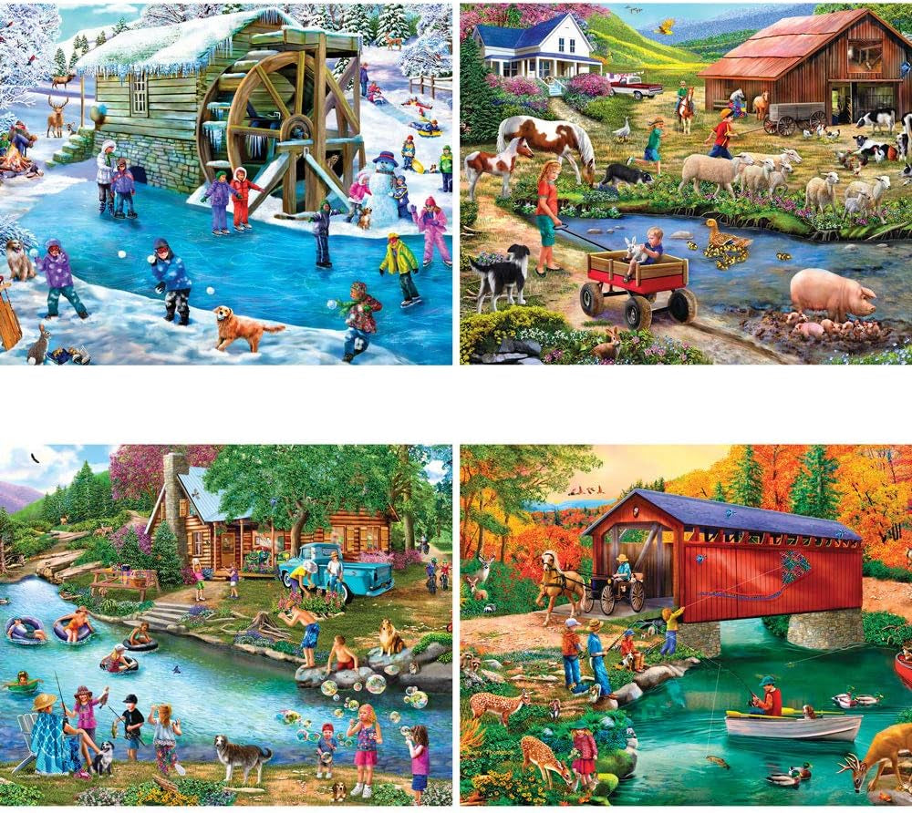 – 4-In-1 Multi-Pack 300 Piece Jigsaw Puzzles for Adults – River Escapades by Artist Mary Thompson, Completed Puzzle Size: 16" X 20"