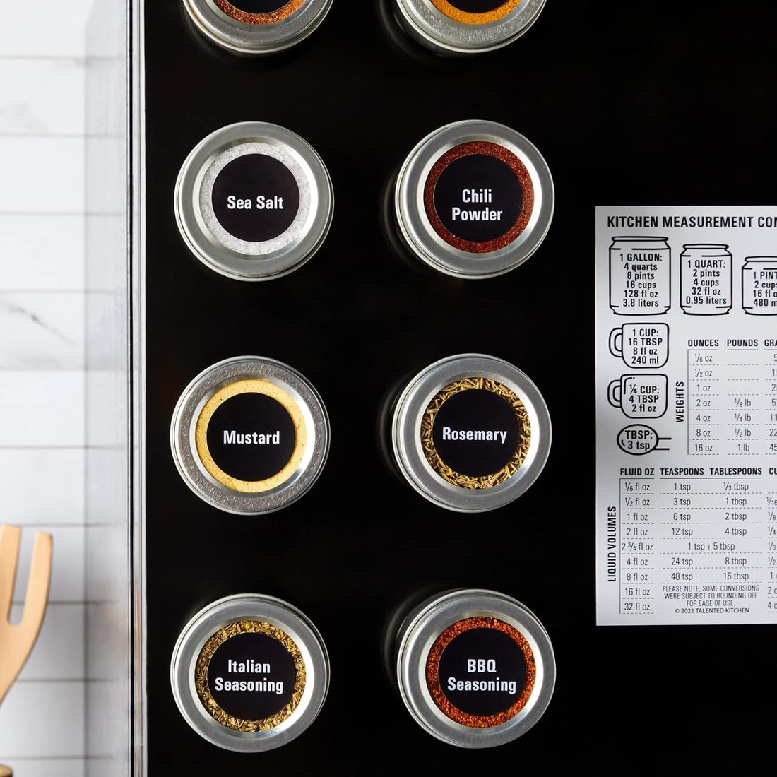 Silver Magnetic Spice Jars for Refrigerator (3 Oz) - Stainless Steel 12 Spice Containers with Sift & Pour Lids (269 Preprinted Labels and 2 Label Styles)