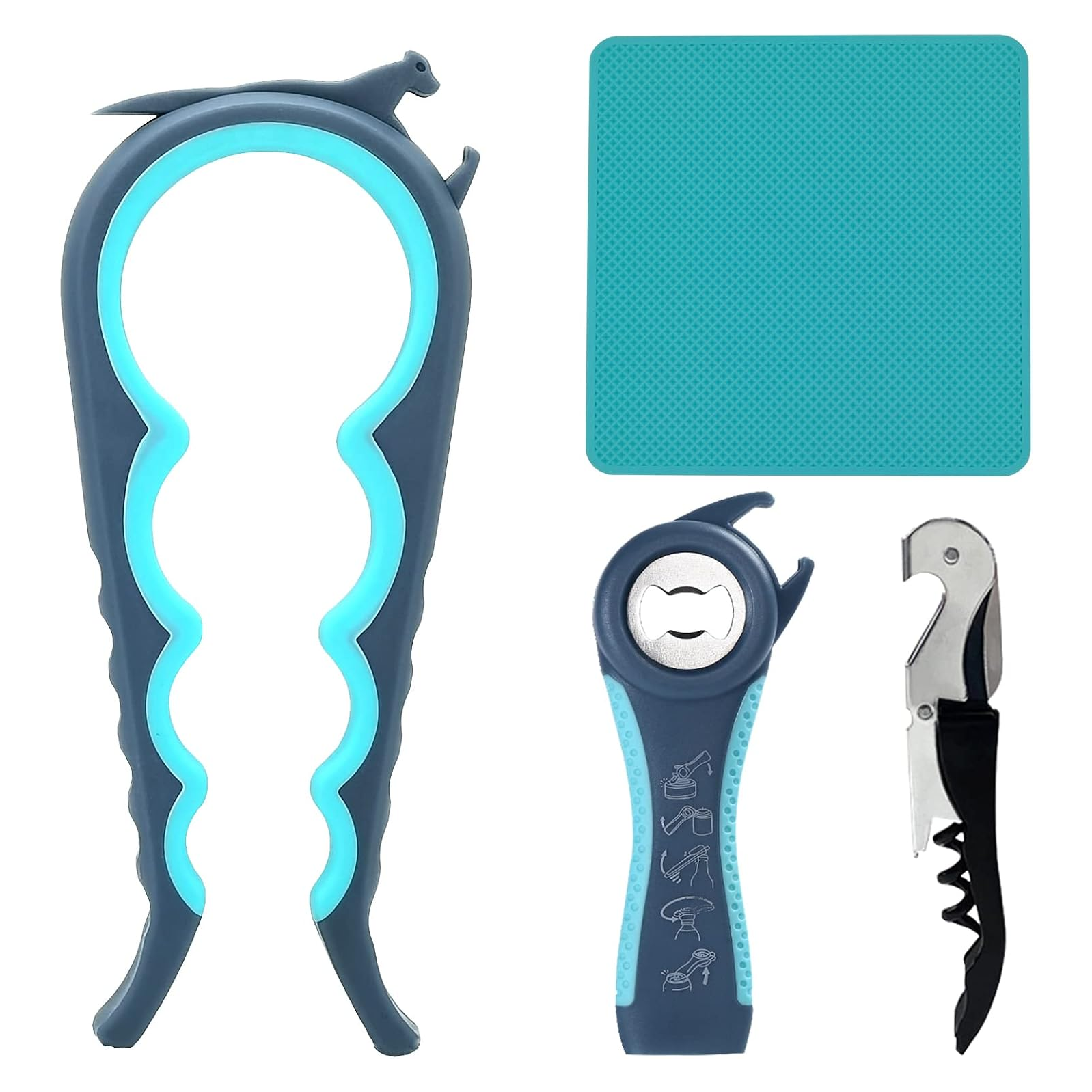 Jar & Bottle Opener for Seniors with Arthritis – Easy Grip Can Opener Set with Rubber Gripper Pad & Corkscrew