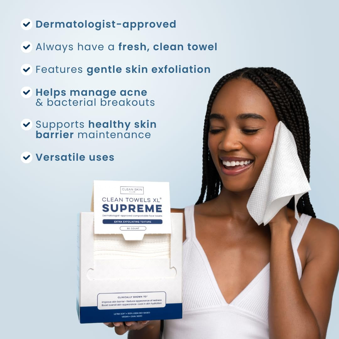 Clean Towels XL™ Supreme, 100% USDA Biobased Face Towel, Disposable Face Towelette, Eczema Association Accepted, Makeup Remover Dry Wipes, Ultra Soft, 50 Ct, 1 Pack