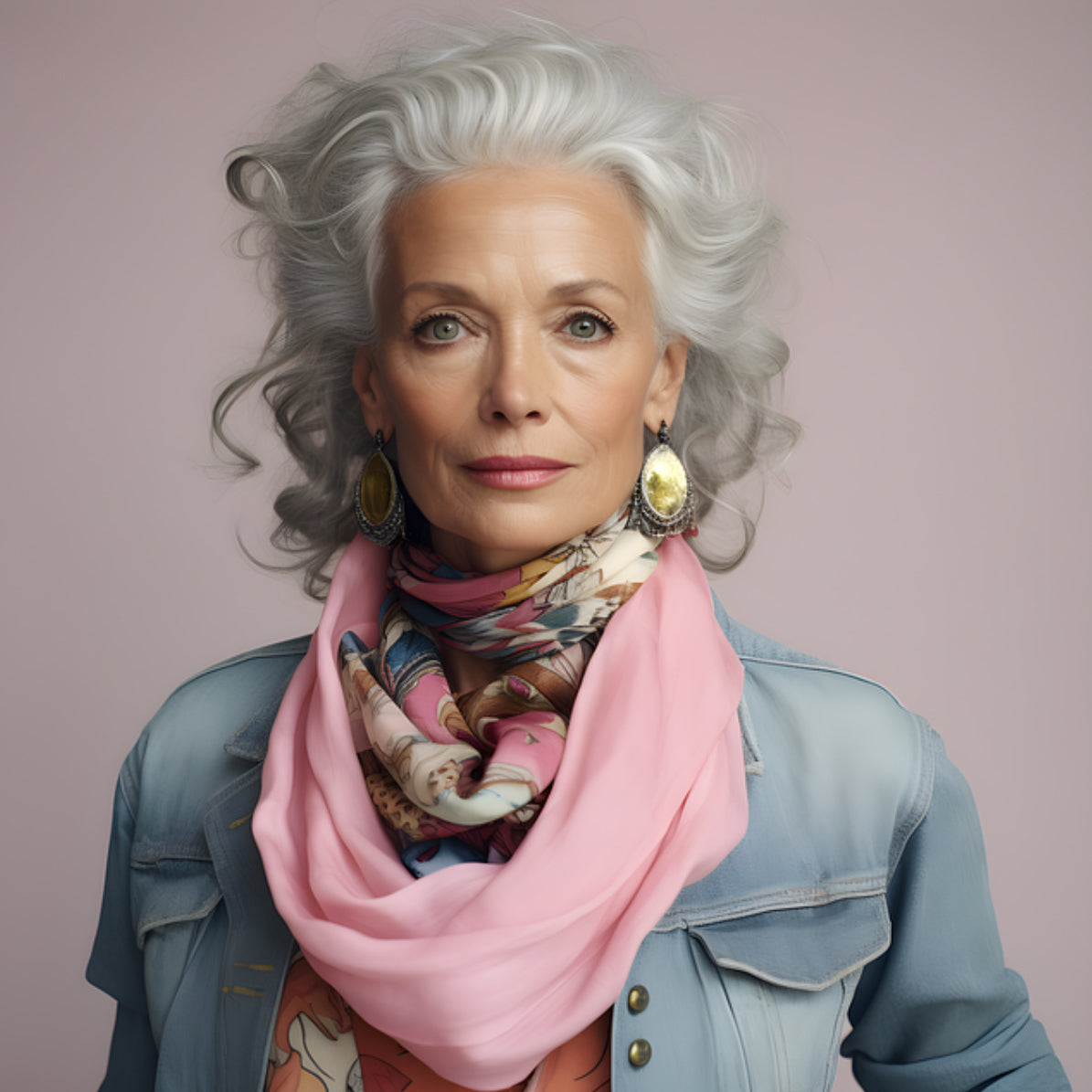 Woman wearing a pink scarf and colorful patterned top against a plain background