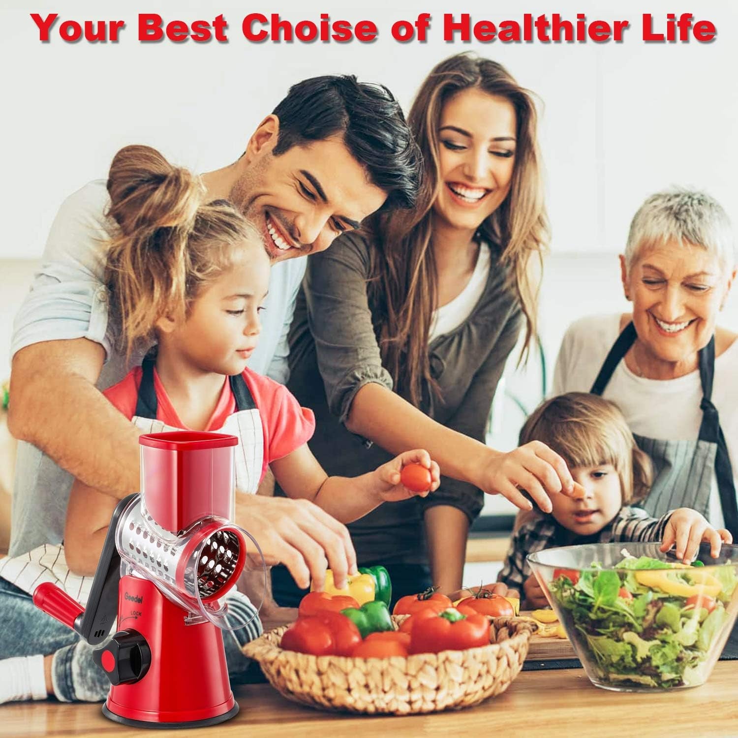 Rotary Cheese Grater, Kitchen Mandoline Vegetable Slicer with 3 Interchangeable Blades, Easy to Clean Grater for Fruit, Vegetables, Nuts