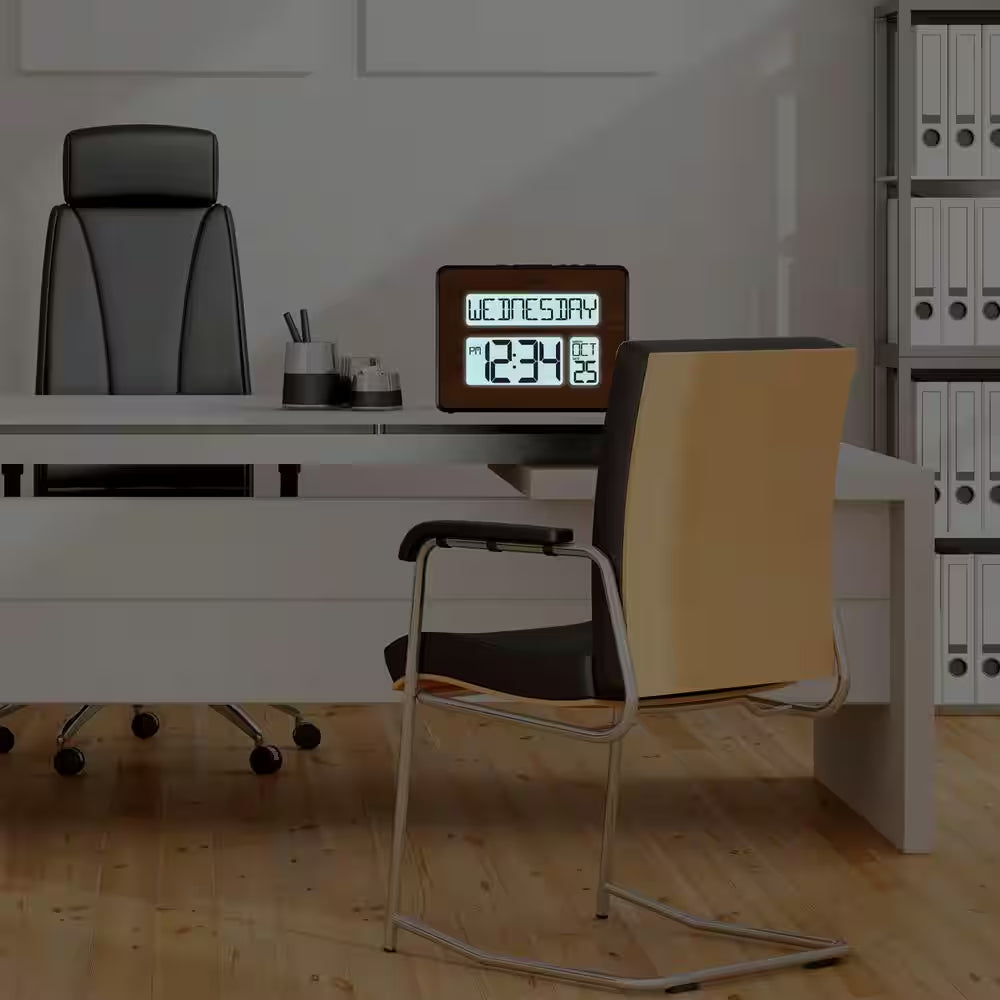 Backlight Atomic Full Calendar Digital Clock with Extra Large Digits in Walnut Finish