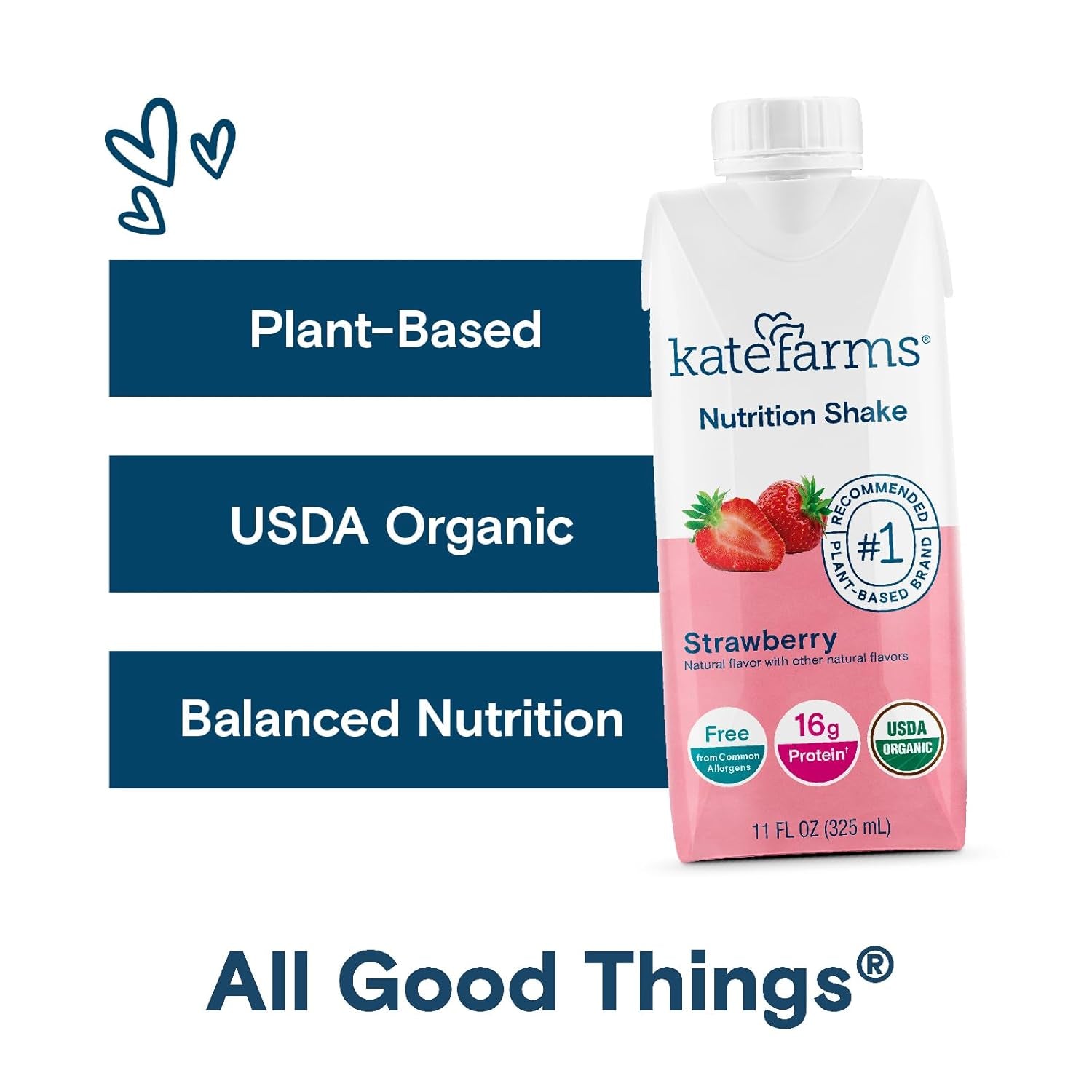 Organic Nutrition Shake, Strawberry, 16G of Protein, 27 Vitamins and Minerals, Meal Replacement, Protein Shake, 11 Fl Oz (6 Pack)