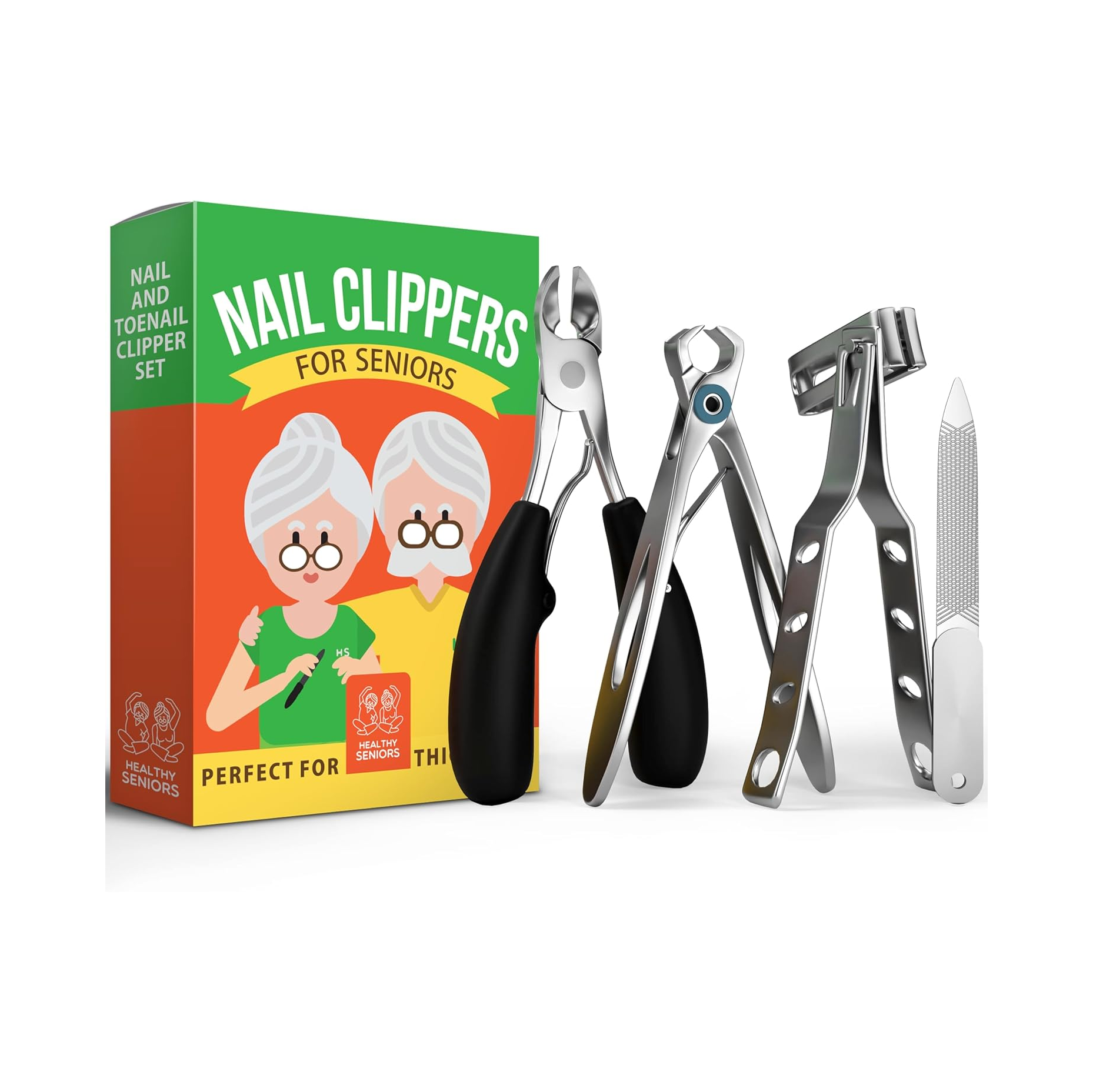 Toenail Clippers for Seniors with Thick Nails – 4-Piece Heavy Duty Podiatrist-Grade Nail Clipper Set, Wide Jaw & Rotating Head