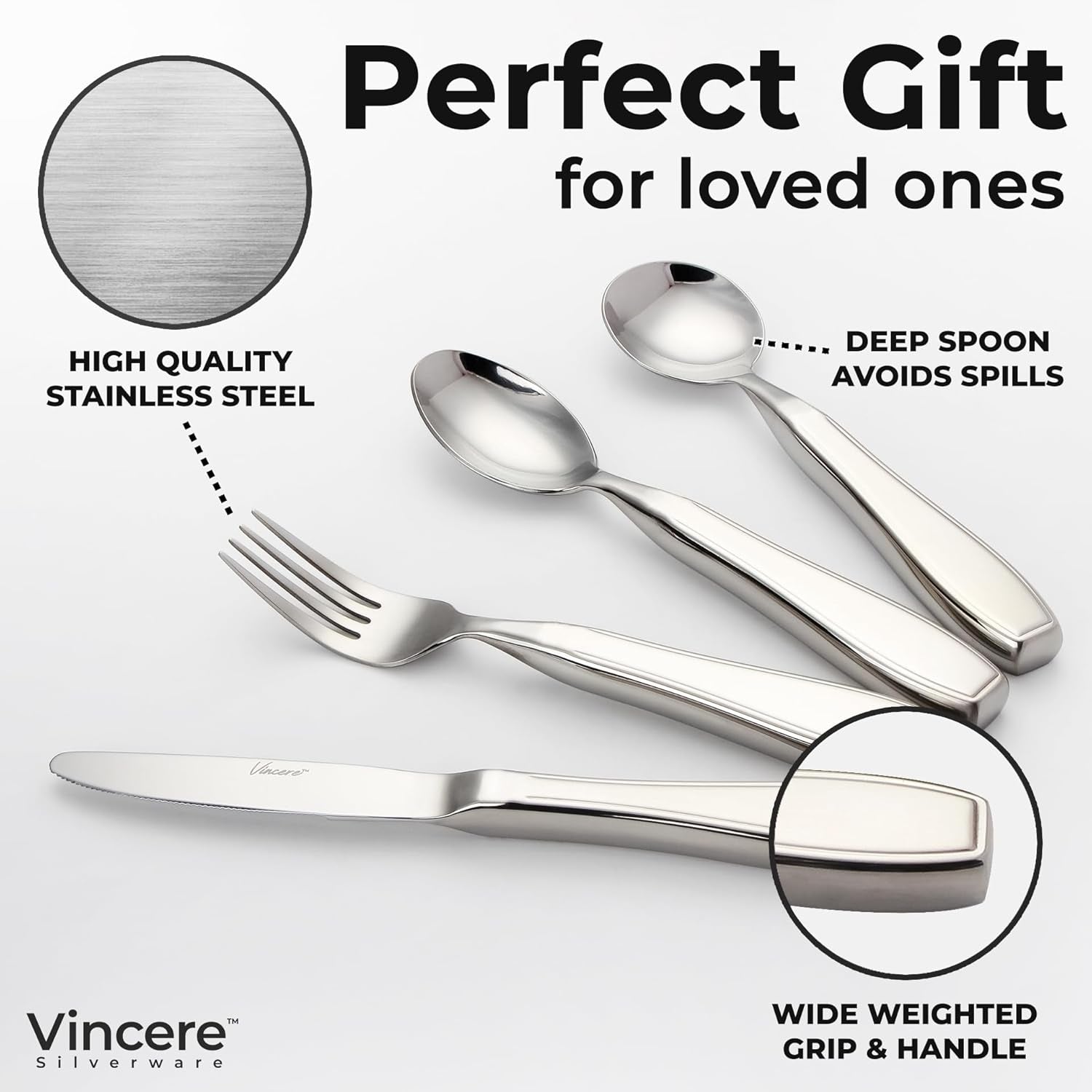 Weighted Utensils for Tremors and Parkinsons, Heavy Weight Stainless Steel Silverware Set, Adaptive Eating Flatware Helps Hand Tremors, Parkinsons Aids for Living, Arthritis - Knife, Fork, Spoons, 7Oz