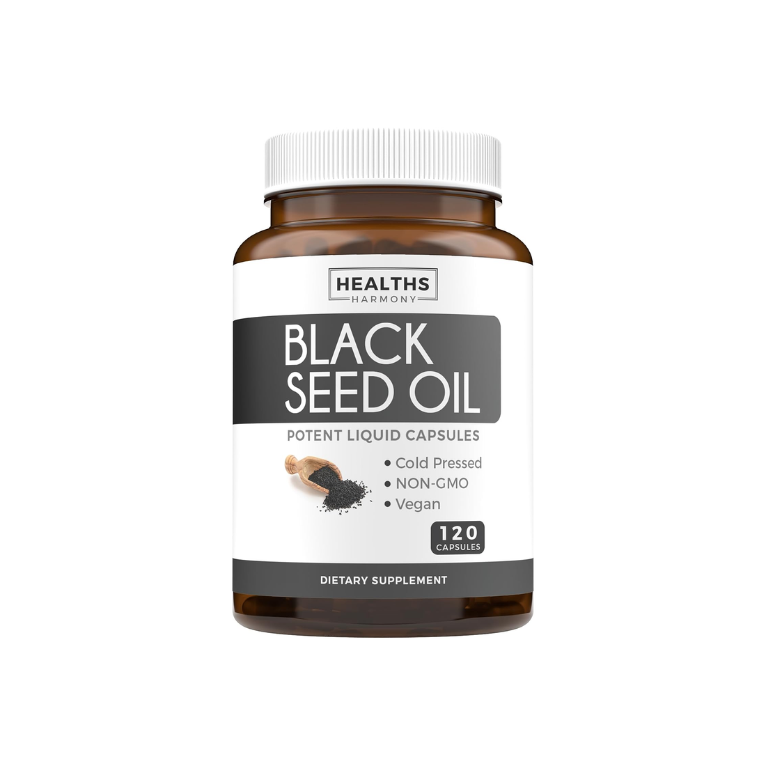 Bottle of Healths Harmony Black Seed Oil capsules on a white background