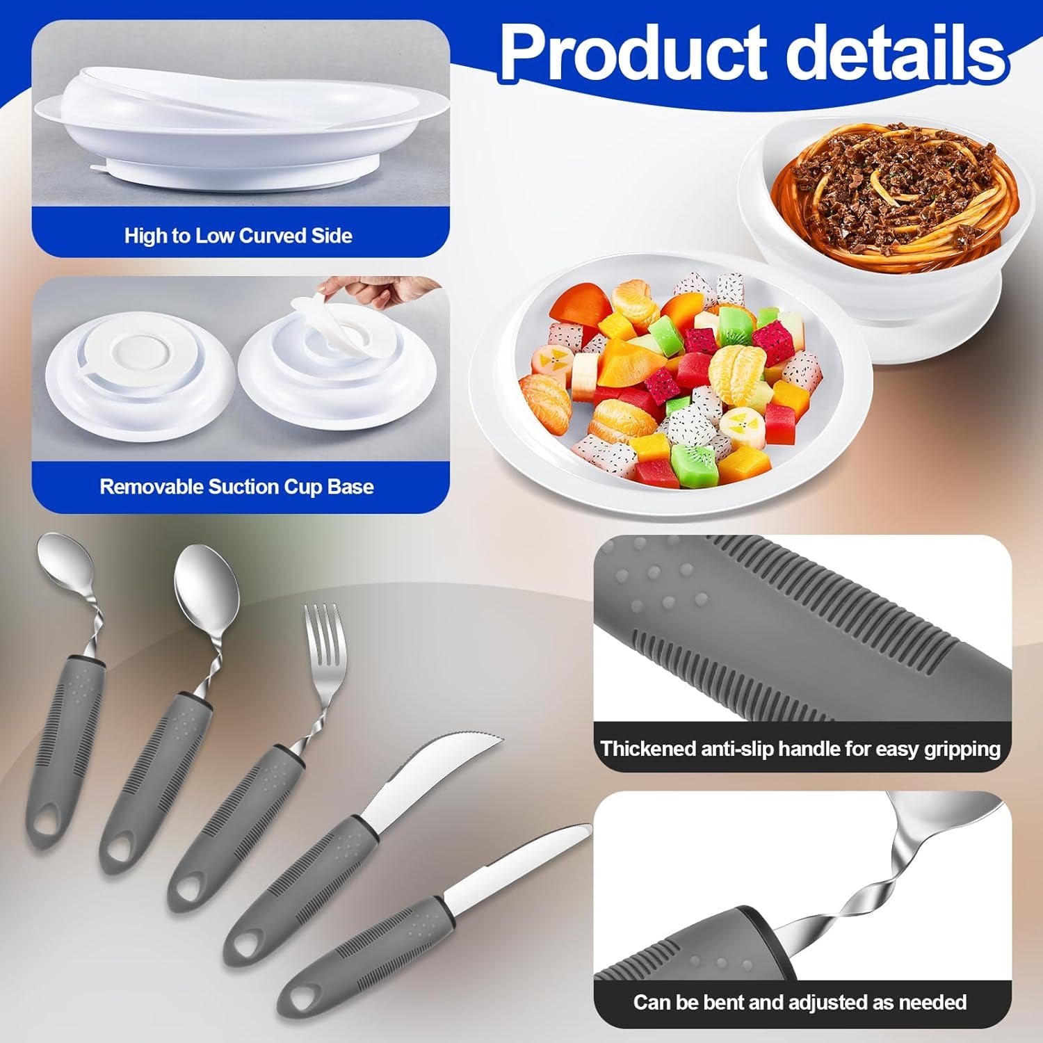 2 Sets Adaptive Utensils Bowl and Plate Set Adaptive Self Feeding Dinnerware with Suction Base Non Slip Bendable Cutlery for Elderly Disabled Hand Tremors Arthritis Parkinson(White)