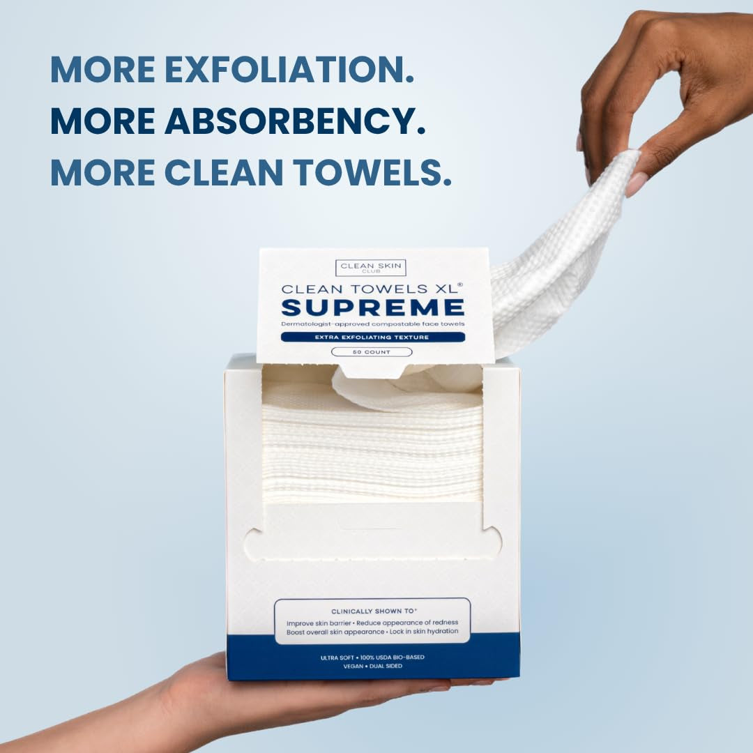 Clean Towels XL™ Supreme, 100% USDA Biobased Face Towel, Disposable Face Towelette, Eczema Association Accepted, Makeup Remover Dry Wipes, Ultra Soft, 50 Ct, 1 Pack